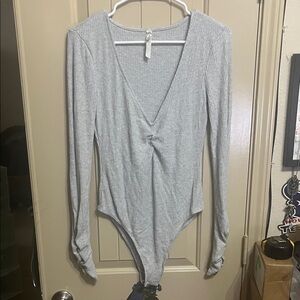 Free People Light Gray V-Neck Ribbed Bodysuit